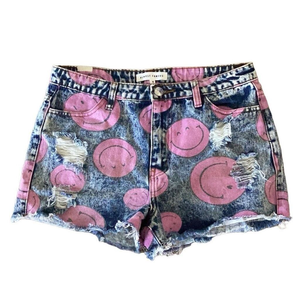 Almost Famous Smiley Face Cut Off Jean Shorts Women’s 9 High Rise Denim - Picture 2 of 9